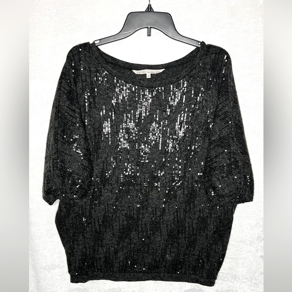 Black Sequin Top Short Sleeve Blouse Pull, size S, Rachel Roy